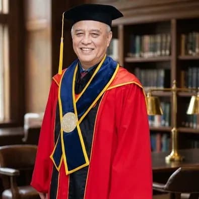 Foto Pdt. Em. Prof. Ir. Armand Barus Ph.D. mengenakan toga akademik merah.